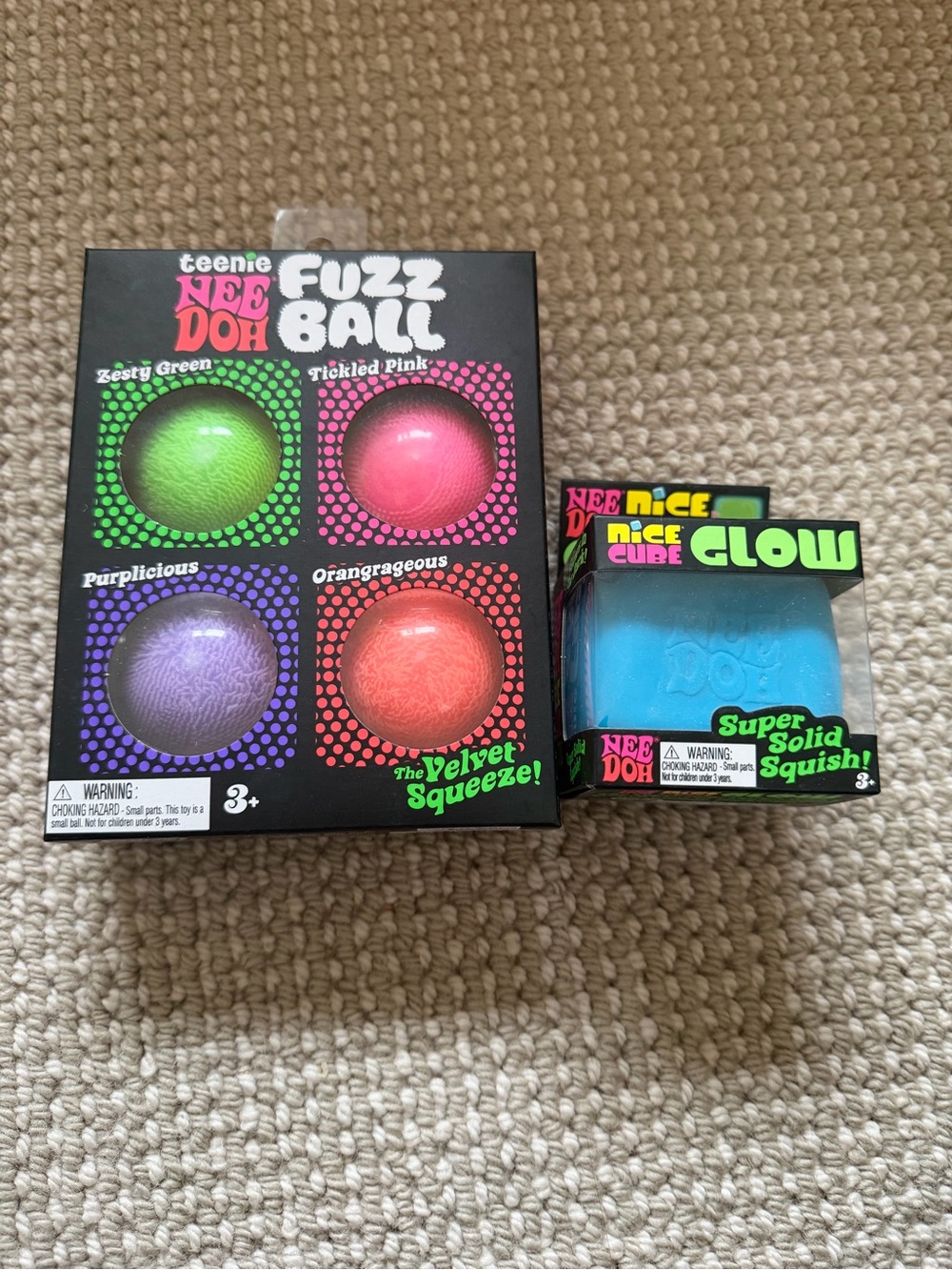 Teenie Nee Doh Fuzz Ball & Glow Cube Set - Green, Pink, Purple, Orange, Blue